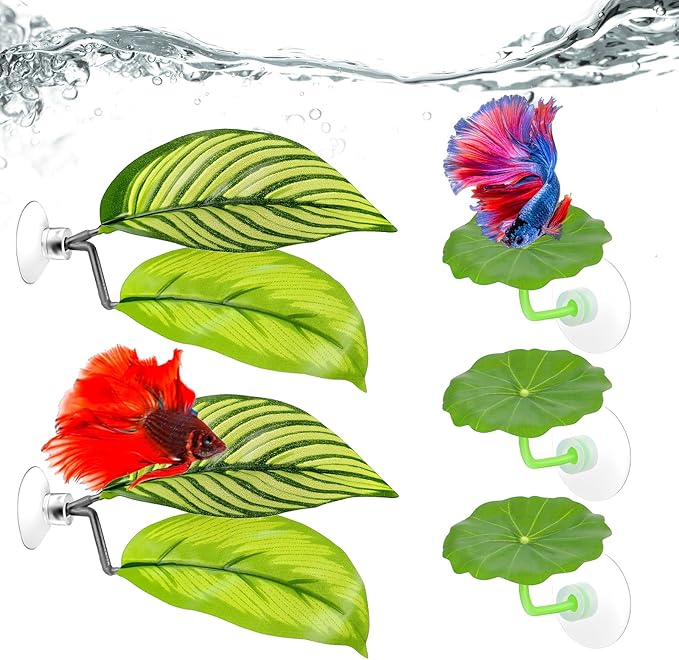 5 Pcs Fish Tank Accessories Aquarium Shrimp Hideout Betta Toys Betta Leaf Hammock Toys Set Plastic Aquarium Plants that Won’T Damage Fishtail Hideout with Spare Suction Cup for Smallfish