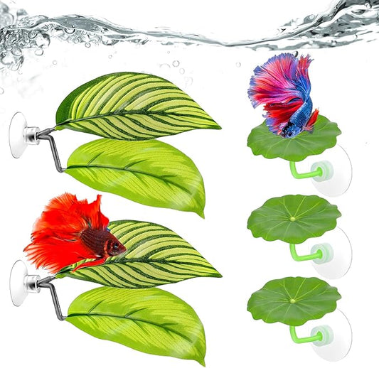 5 Pcs Fish Tank Accessories Aquarium Shrimp Hideout Betta Toys Betta Leaf Hammock Toys Set Plastic Aquarium Plants that Won’T Damage Fishtail Hideout with Spare Suction Cup for Smallfish