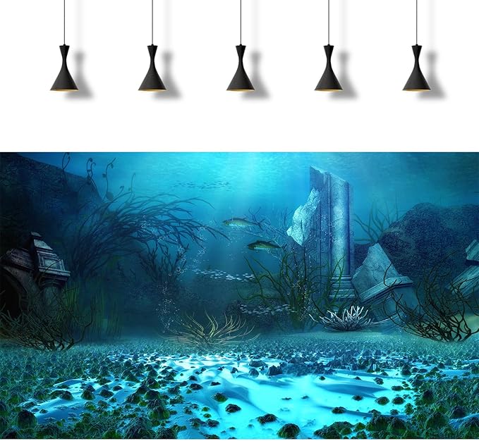 Underwater World Aquarium Background Ocean Temple Aquatic Grass Fish Tank Background Deep Blue Sea Tropical Marine Life Terrarium Backgrounds Ruined Building Seascape Backgrounds 36x20in