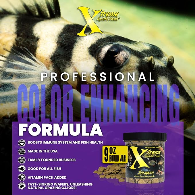 Xtreme Scrapers Wafers - Premium 14mm Fast-Sinking Fish Food – Nutrient & Cellulose Rich Ideal for Nocturnal Feeders, Catfish, Plecostomus Species, and Loaches – USA Farm Grown (9oz)