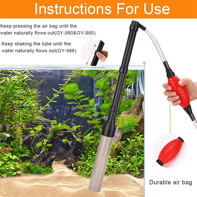 Manual Operated Aquarium Siphon with Red Air Bag, Gravel Vacuum for Aquarium Labor Saving Water Changer Portable Sand Cleaner for Daily Tank Maintenance