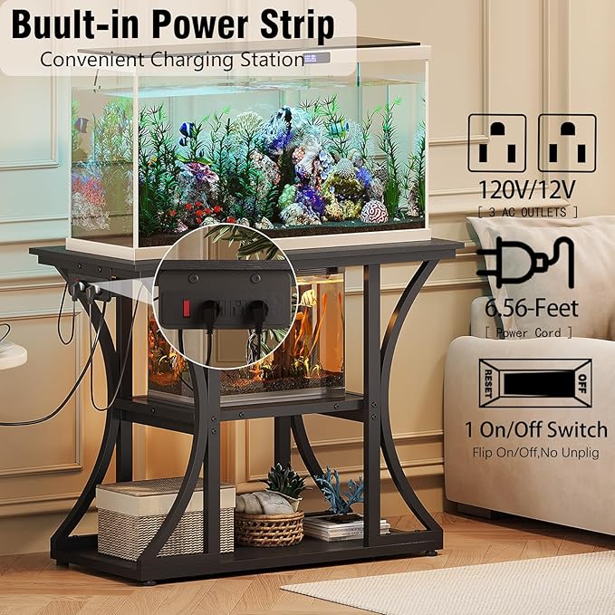 50 Gallon Aquarium Stand with Power Outlets Fish Tank Stand with 3-Tier Storage Shelves Display Stand for Turtle Tank Shelves Metal Frame Stand for Living Room Office Entryway(Black)
