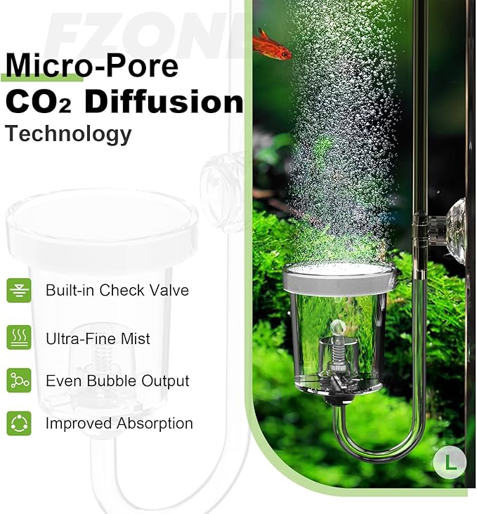 FZONE Acrylic Aquarium CO₂ Diffuser with Built-in Check Valve & Bubble Counter, Syringe & Suction Cup – Fine Bubble CO₂ Delivery for Planted Tanks (M-25mm)