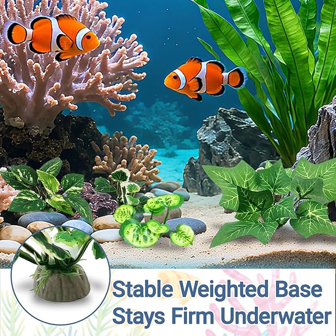 AZY 13-Piece Betta Fish Tank Decor – Realistic Aquarium Plants Set, Silk Aquarium Plants with Weighted Base, Aquarium Decor with Floating Diver Ornament for Fish Tank Decorations