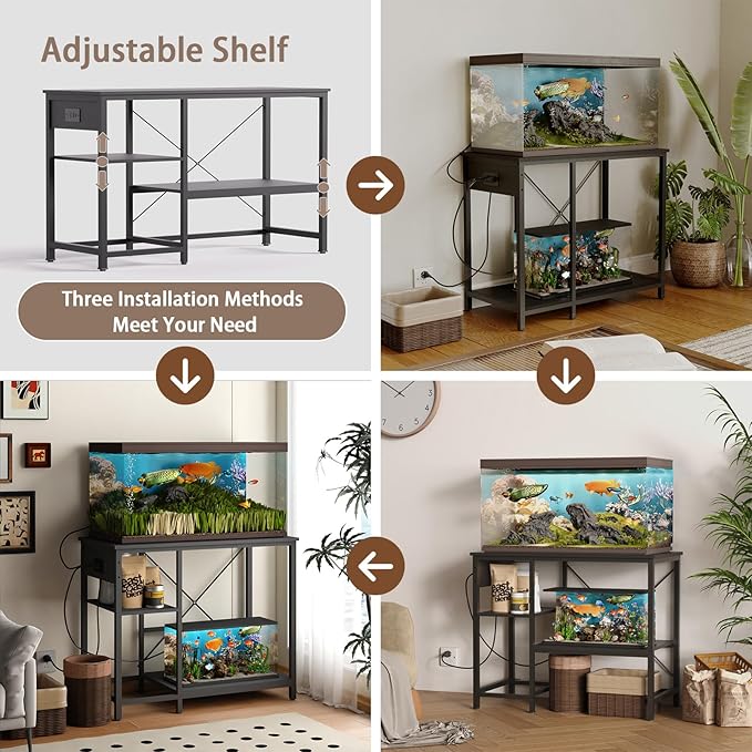 BEURUKU 40-50 Gallon Fish Tank Stand with Power Outlet & LED Light, Metal Aquarium Stand with 3 Tier Adjustable Storage Shelves, Tank Stand for Reptile Tank, Turtle Tank, 36" L*18.5" W, Black