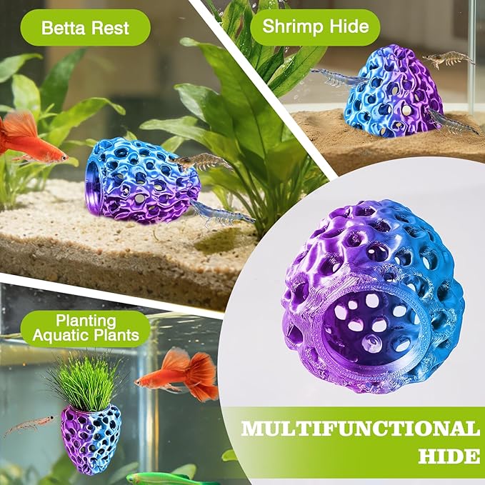 Shrimp Dome Hide, Shrimp Hides for Aquarium, Betta Fish Hideout with Suction Cup, Betta Habitat Tank Ornament Accessories, Aquarium Decor for Small Fish Guppy Hiding Resting (Blue Red)