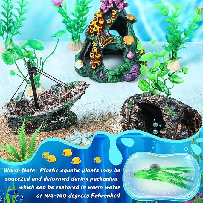 Zeyune 15 Pcs Fish Tank Decorations Mountain Ornament Broken Barrel Sunken Ship Artificial Seaweed Water Plants Colorful Coral Reef for Fish Bowl Aquarium Decor (Green)