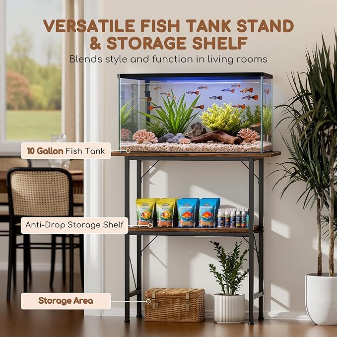 20-29-30 Gallon Fish Tank Stand with Storage Shelves, 2-Tier Aquarium Stand with Metal Frame, Heavy Duty Reptile Turtle Tank Stand for Home Office, 30" L x 11.8" W x 30.5" H, Rustic Brown