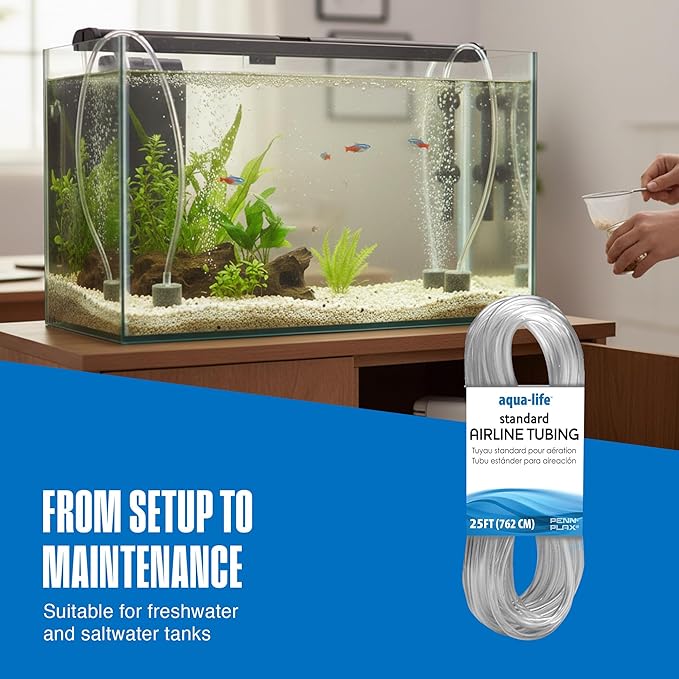 Penn-Plax Aqua-Life Standard Airline Tubing - 3/16 Inch Flexible Airline Hose for Aquarium Pumps, Fish Tank Line for Air Stones & Filters - Safe for Freshwater & Saltwater - 25 ft Long, Clear