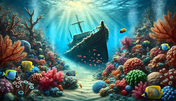 Undersea Shipwreck Aquarium Background Underwater World Coral Fish Tank Background 24x12 Inches PVC Glass Container Decoration with Tapes