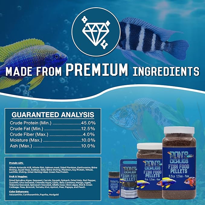 RON'S CICHLIDS Adult African Cichlid Fish Food Pellets – USA Made Slow Sinking Cichlid Pellets & Sticks Feed, Low Fillers, Ideal for Cichlid Food, Koi, Goldfish, Pleco, Oscar & Tropical Fish, 8 OZ
