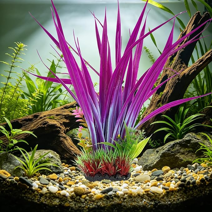 Aquarium Plants Plastic, 2-Pack 15.35" Tall Artificial Fish Tank Plants, Aquarium Fishbowl Decorations Ornament Safe for All Fish, Deep Lavender Tone