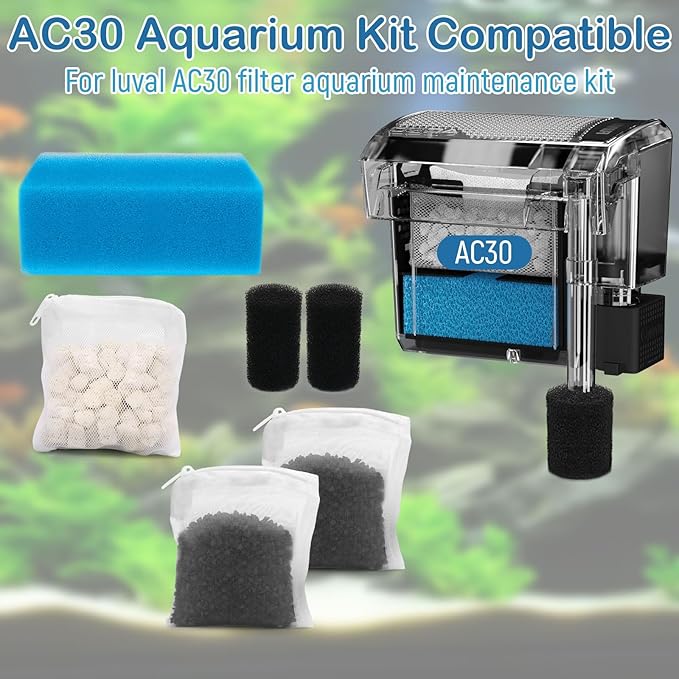 Aquarium Media Maintenance Kit Replacement for Fluval AC30 Power Filter, Includes 1 Blue Foam Filters, 2 Intake Strainer Sponge,1Pack Ceramic Rings and 2 Pack Activated Carbon