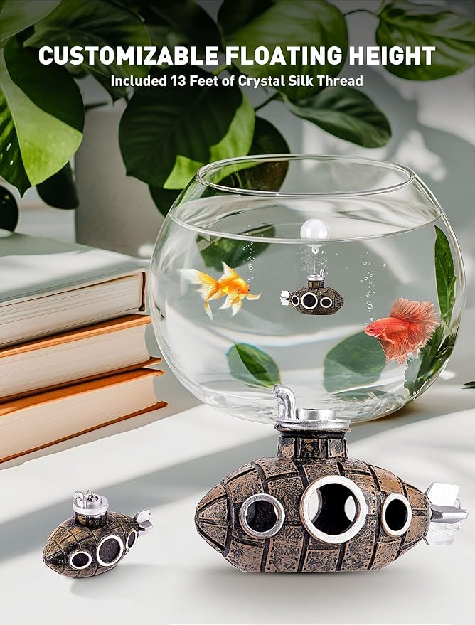 SARDVISA 2.1 in Mini Floating Submarine Fish Tank Decoration, Safe Resin Aquarium Decoration for Betta Toys, Cichlid, Goldfish, Shrimps and Hermit Crabs, Cute Retro Underwater Fish Tank Accessories