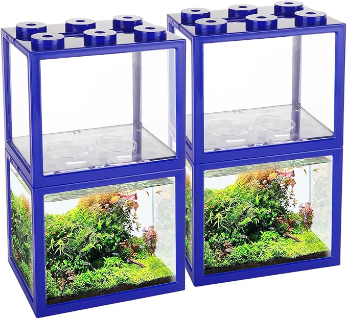 QTLCOHD 4 Pack Small Betta Fish Tank, 0.6 Gallon Mini Aquarium Tank, Blue Stackable Fish Bowl, Acrylic Tiny Cube Tank for Beta Fish Sea Monkeys Shrimp Snails