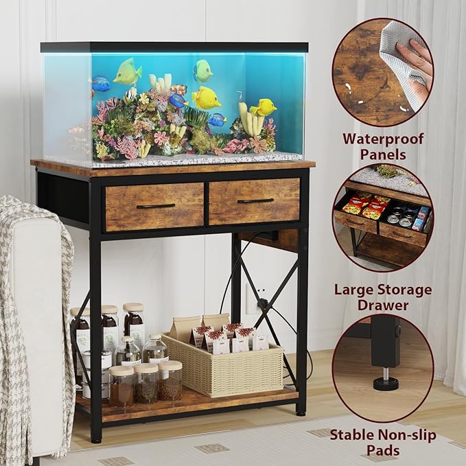 20-29-37Gallon Fish Tank Stand with Power Outlet, Heavy Duty Metal Aquarium Stand with Two Storage Drawers for Fish Tank Accessories Storage, Perfect for Turtle Tank, Reptile Terrarium, Brown