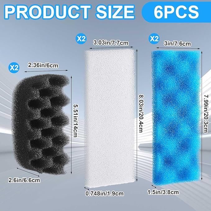 Threlaco 6 Pcs Aquarium Filters Bio Sponge Sets Compatible with Fluval 206/207, Including 2 Blue 2 White 2 Black Bio Sponge for Replacement Filter Media Kit