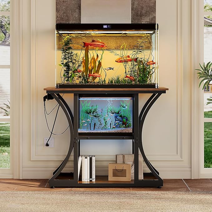 50 Gallon Aquarium Stand with Power Outlets Fish Tank Stand with 3-Tier Storage Shelves Display Stand for Turtle Tank Shelves Metal Frame Stand for Living Room Office Entryway,Brown