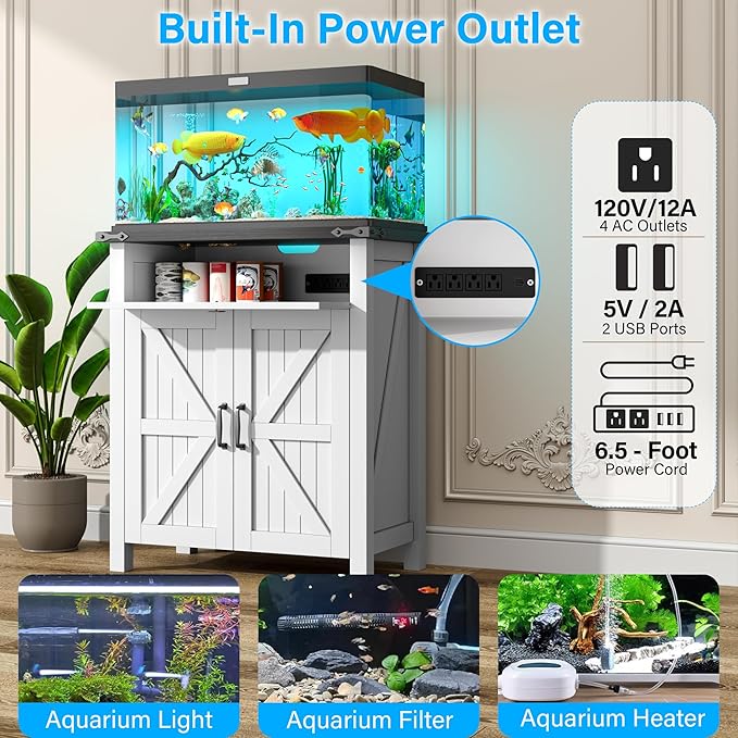 kepptory 20 Gallon Fish Tank Stand with Power Outlets, Farmhouse Decorative Aquarium Stand Furniture with Adjustable Shelves, 10-20 Gallon Reptile Turtle Tank Stand with Cabinet Storage (White, 20GL)