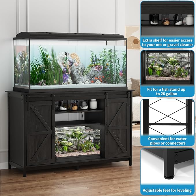 VOWNER Farmhouse 55-75 Gallon Fish Tank Stand with Power Outlet, Aquarium Stand with Storage Cabinet and Sliding Barn Door, Heavy Duty Reptile Tank Stand, for 2 Tanks, 1000LBS Capacity, Black