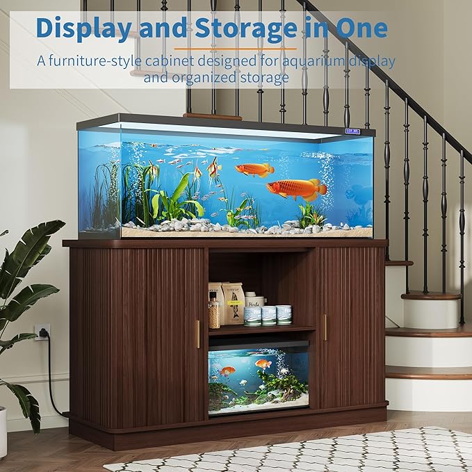 Fish Tank Stand, 75 Gallon Tank Stand with Sliding Cabinet Door, Heavy Duty Aquarium Stand with Power Outlet for Turtle Tank, Reptile Terrarium, 1000LBS Capacity (Walnut)