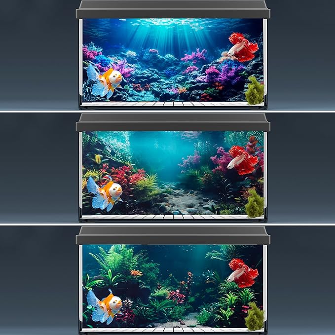 COMSUN 3 Pack Aquarium Background, 36x18 inches Polyester Aquarium Background, Cloth Fish Tank Background, Undersea Corals Sunshines & Rock Aquatic Plants