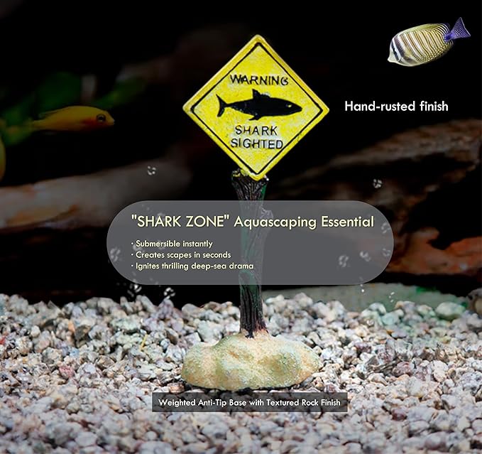 Shark Warning Sign Aquarium Decor – Realistic Resin Caution Ornament with Weighted Base for Fish Tank & Ocean Theme Tanks