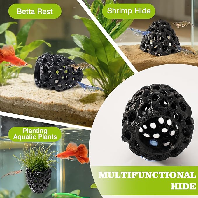 Shrimp Dome Hide, Shrimp Hides for Aquarium, Betta Fish Hideout with Suction Cup, Betta Habitat Tank Ornament Accessories, Aquarium Decor for Small Fish Guppy Hiding Resting (Black)