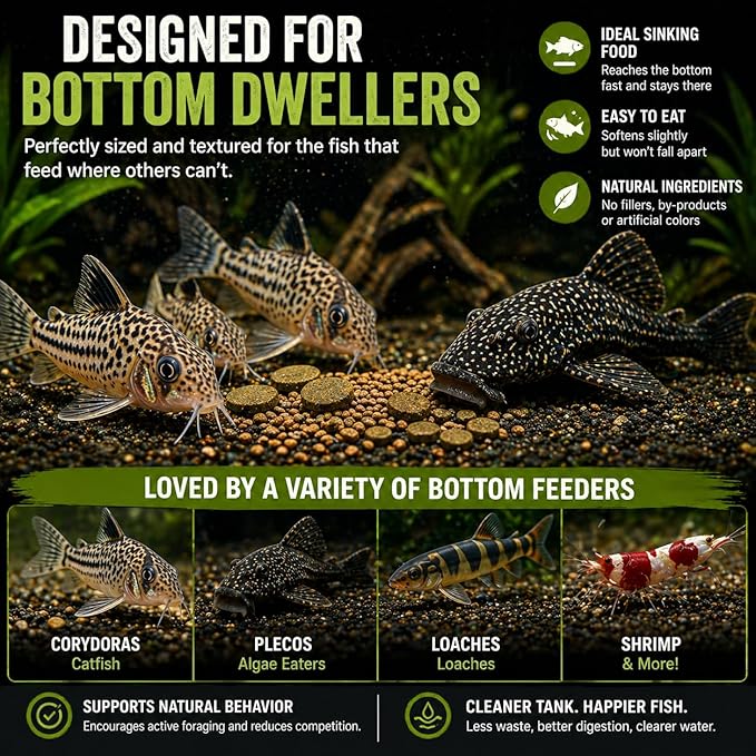 BugGraze Bottom Dweller Feast 3-in-1 Sinking Pellets, Wafers & Granules for Corydoras, Plecos & Loaches – Complete Aquarium Fish Diet – Clean Feeding, High Protein & Algae Blend – 3 oz