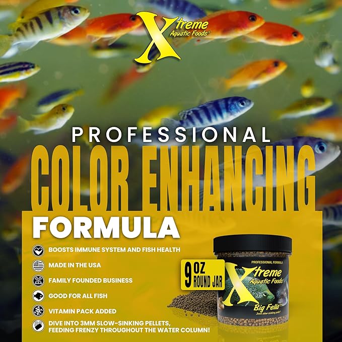 Xtreme Big Fella 3.0mm Pellets: Professional Nutrition for Medium to Large Cichlid/Community Fish - Boost Immune & Digestive Health, Color & Energy, Max Protein Fish Food – USA Farm Grown (9oz)