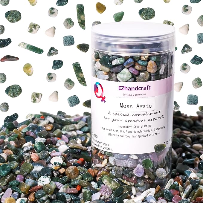 Moss Agate Crystal Chips 2lb (2400+ pcs) – 5-8mm Natural Crystals for Aquarium Gravel, Terrarium Substrate, Succulent Top Dressing, Jewelry Making & Spiritual Gifts – Safe for Fish Tanks