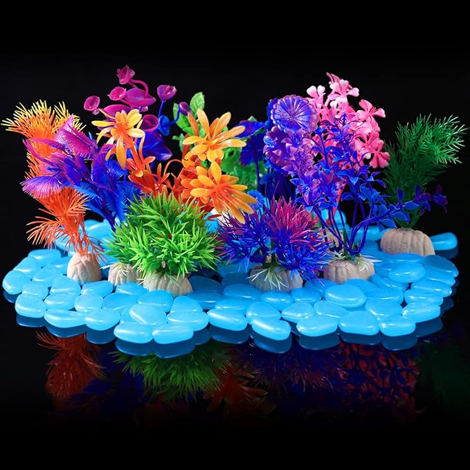 Jexine 100 Pcs Fish Tank Rocks Glow Blue, Fish Tank Stones Accessories Gravel with 10 Pack Artificial Aquatic Plants Coral Reef Decorations for Aquariums