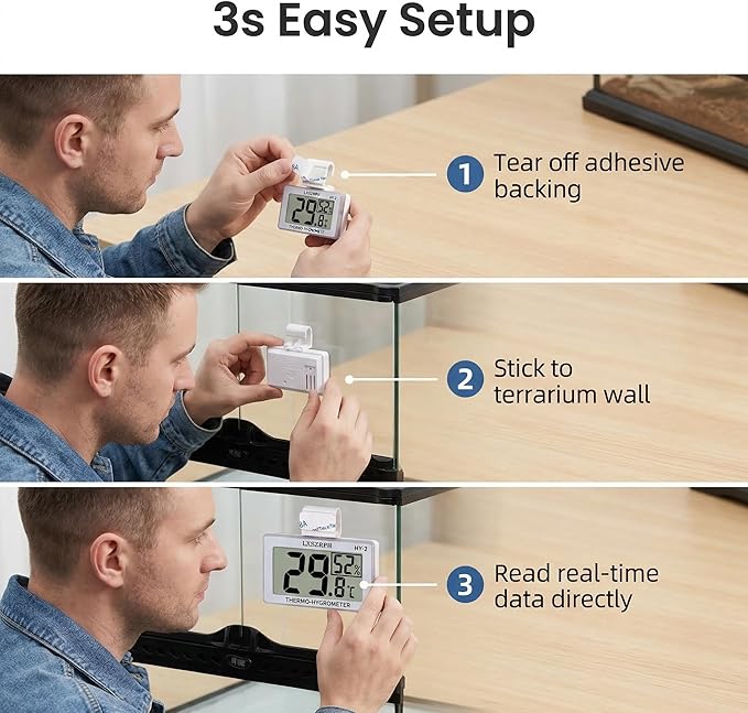 Reptile Hygrometer Thermometer, Digital Amphibian Hygrometer Thermometer with Hook Temperature Humidity Meter Gauge for Reptile Tanks, Terrariums, Vivarium, LCD Display 1pack