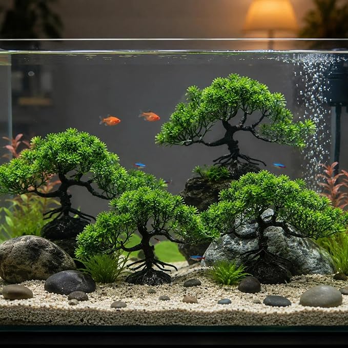 LOGOFUN 4 Pcs Aquarium Bonsai Tree Artificial Water Plant Fish Tank Decorations (Deep Green)
