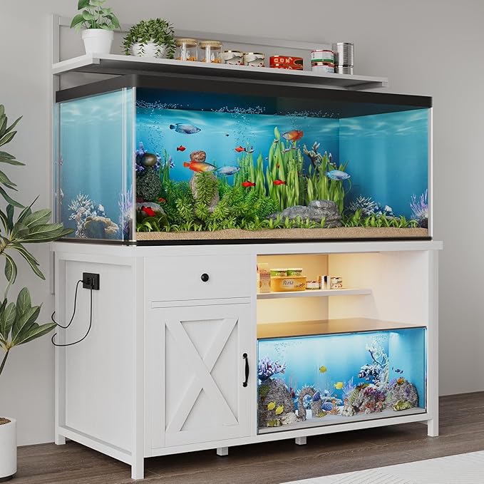 55-75 Gallon Fish Tank Stand with Power Outlet, Led Light, Heavy Duty Aquarium Stand with Cabinet for Fish Tank Accessories Storage, Shelf, for Turtle Tank, Reptile Terrarium, 1100 LBS (White)