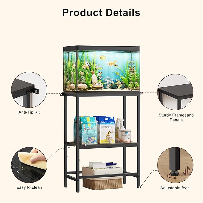 5-10 Gallon Fish Tank Stand, Aquarium Stand with 2-Tier Storage Shelves, Heavy-Duty Reptile Terrarium Stand Table with One-Piece Top for 10 Gallon Standard Model, 21.2" L x 11.8" W x 29.3" H (Black)