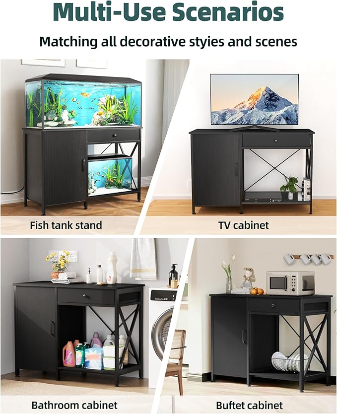 Fish Tank Stand for 40-50 Gallon Fish Tank: Aquarium Stand with Power Outlet - Metal 40 Gallon Tank Stand with Cabinet Drawer Storage for Turtle Tank, Reptile Terrarium (Black, 800LBS Capacity)