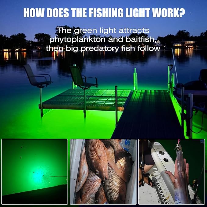 HUSUKU LED Underwater Fishing Light, Green Night Fishing Finder Attractor, IP68 Submersible Boat Lamp for Snook Crappie Squid Shrimp