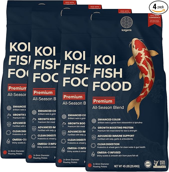 4 Pack Koi Fish Food (45lb) - Growth & Color Formula, High Protein Floating Pellets with Spirulina, Krill & Probiotics, Easy to Digest, Cleaner Water, All Season - for Koi, Goldfish & Pond Fish