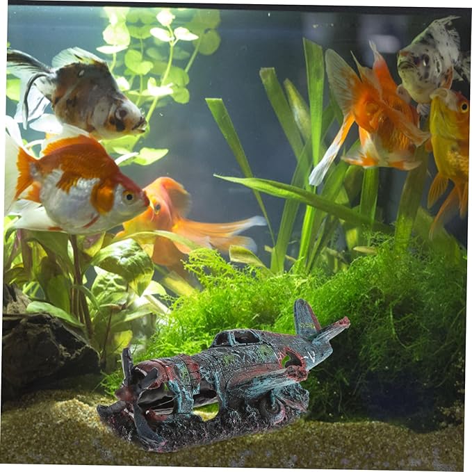 Balacoo Fish Tank Decorations, Resin Airplane Ruins for Aquarium Decoration, Vintage Fighter Plane Wreck for Fish Shrimp Shelter Cave Hideout, Fish Tank Landscape Decoration