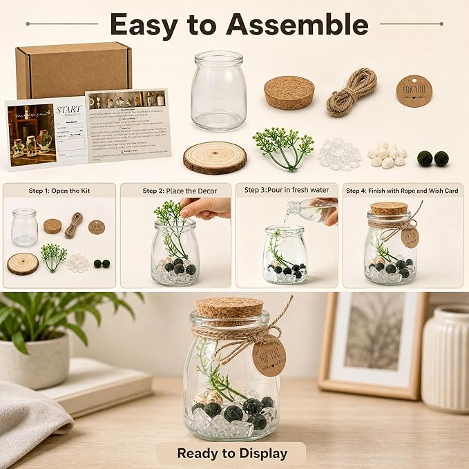 Moss Balls Glass Terrarium Kit - 5 Decorative Green Balls with Glass Jar, White Crystal, DIYAquarium and Desk Decor, Easy-Care Gift for Home and Office