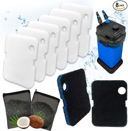 PurifyLogix Replacement Canister Filter Pads for Cascade 700/1000 CCF2UL/CCF3UL Generic Aquarium Floss Media, 2 Upgraded Activated Carbon-Coarse-Activated Carbon Filter Pads and 6 White Floss (8)