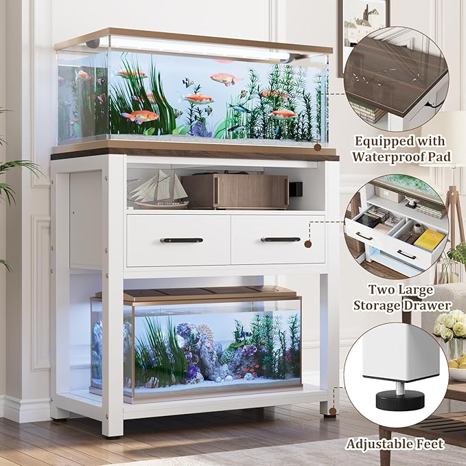 EOSVALO 20-29 Gallon Aquarium Stand with Stable Metal Frame & Power Outlet, Heavy-Duty Fish Tank Stand with Waterproof Mat, 550LBS Capacity Storage Cabinet, White+Brown