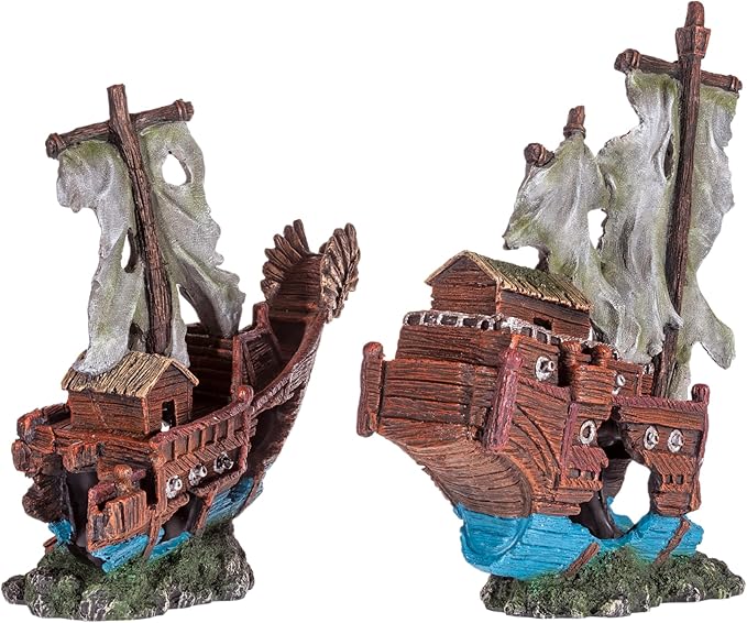 UNEAK - Shipwreck Aquarium Decorations Pirate Ship Ornament w/Sail (2 Pieces) 5 Gallons and Larger Fish Tank, Sunken Ship Decoration Ornaments, Decorative Resin Boat for Freshwater Saltwater Decor