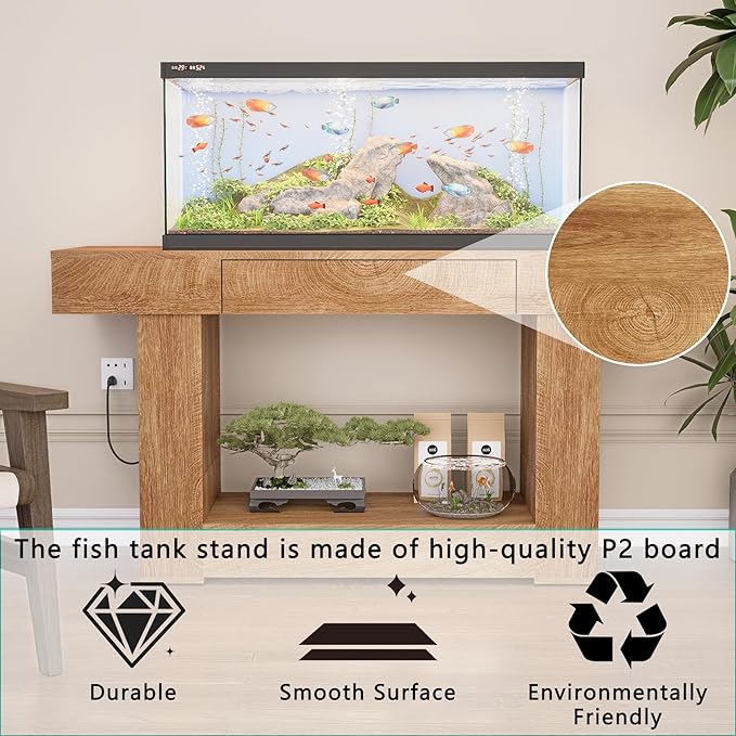 55–75/90 Gallon Aquarium Stand, 48 Inch Fish Tank Stand with Power Outlets & USB Ports, Heavy Duty Double Aquarium Stand for Turtle Reptile Terrarium, Farmhouse Tank Stand, Natural Wood