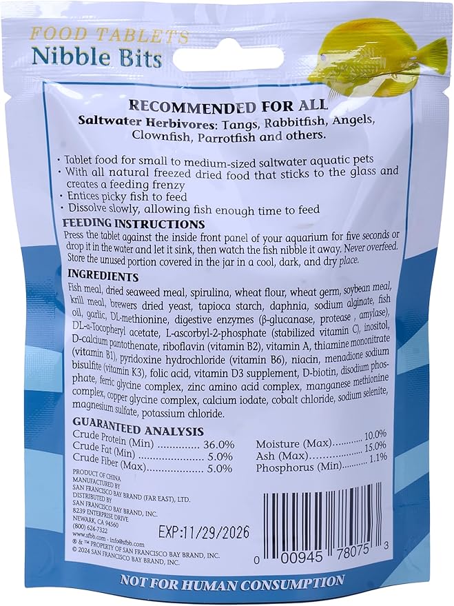 San Francisco Bay Brand Food Tablets Nibble Bits - All-Natural Fish Food for Saltwater Herbivore, Tangs, Rabbitfish, Angels, Clownfish, Parrotfish - 2.1 oz (60g), Large Tablets