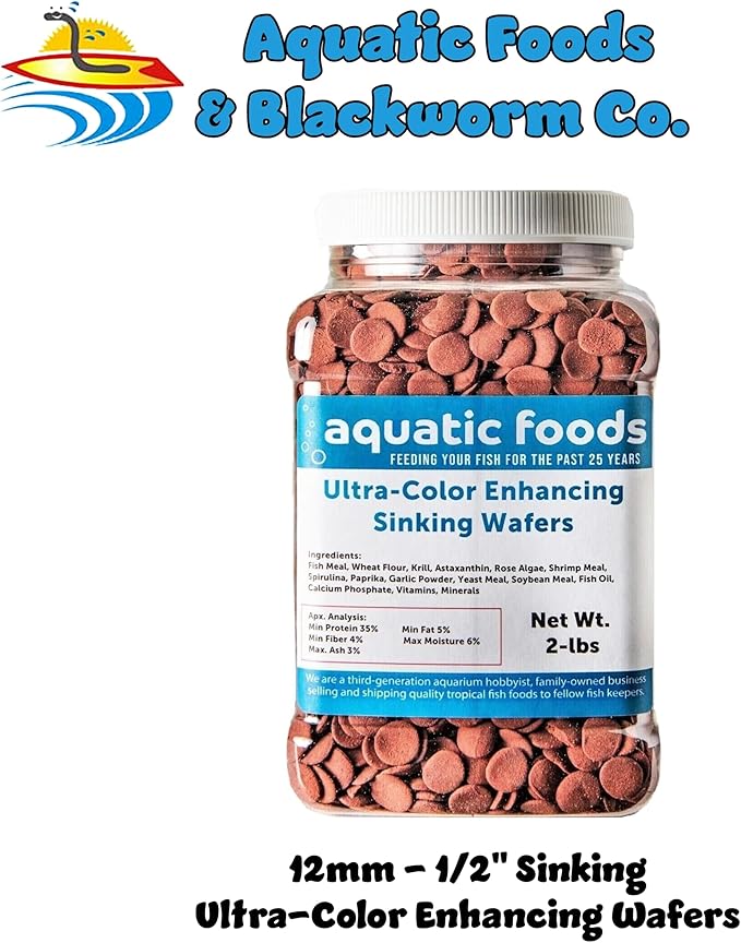 Ultra-Color Enhancing 12mm - 1/2" Small Sinking Wafers for Bottom Fish, Shrimp, Snails, Crabs, Crayfish, All Tropical Fish...2-lb Med Jar