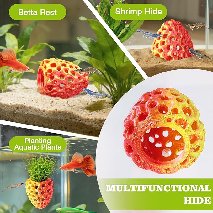 Shrimp Dome Hide, Shrimp Hides for Aquarium, Betta Fish Hideout with Suction Cup, Betta Habitat Tank Ornament Accessories, Aquarium Decor for Small Fish Guppy Hiding Resting (Gold Red)