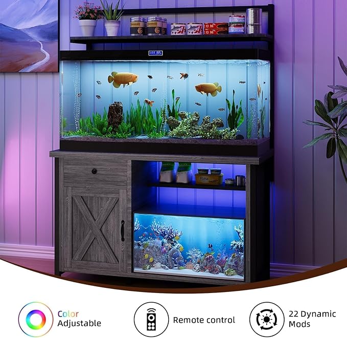55-75 Gallon Fish Tank Stand with Power Outlet, Led Light, Aquarium Stand with Cabinet for Fish Tank Accessories Storage, Shelf, for Turtle Tank, Reptile Terrarium, 1100 LBS, Gray