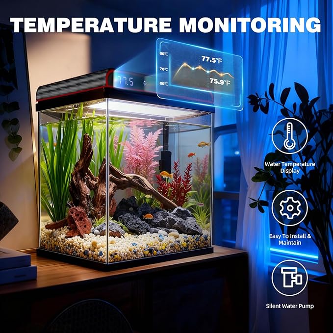 Coospider 10 Gallon Glass Fish Tank, Aquarium Starter Kit, Simple Self-Cleaning Aquarium with 3-Color LED Lights, Quiet Filter Pump, Temperature Monitoring for Fish, Shrimp, Kids Gift Ideas